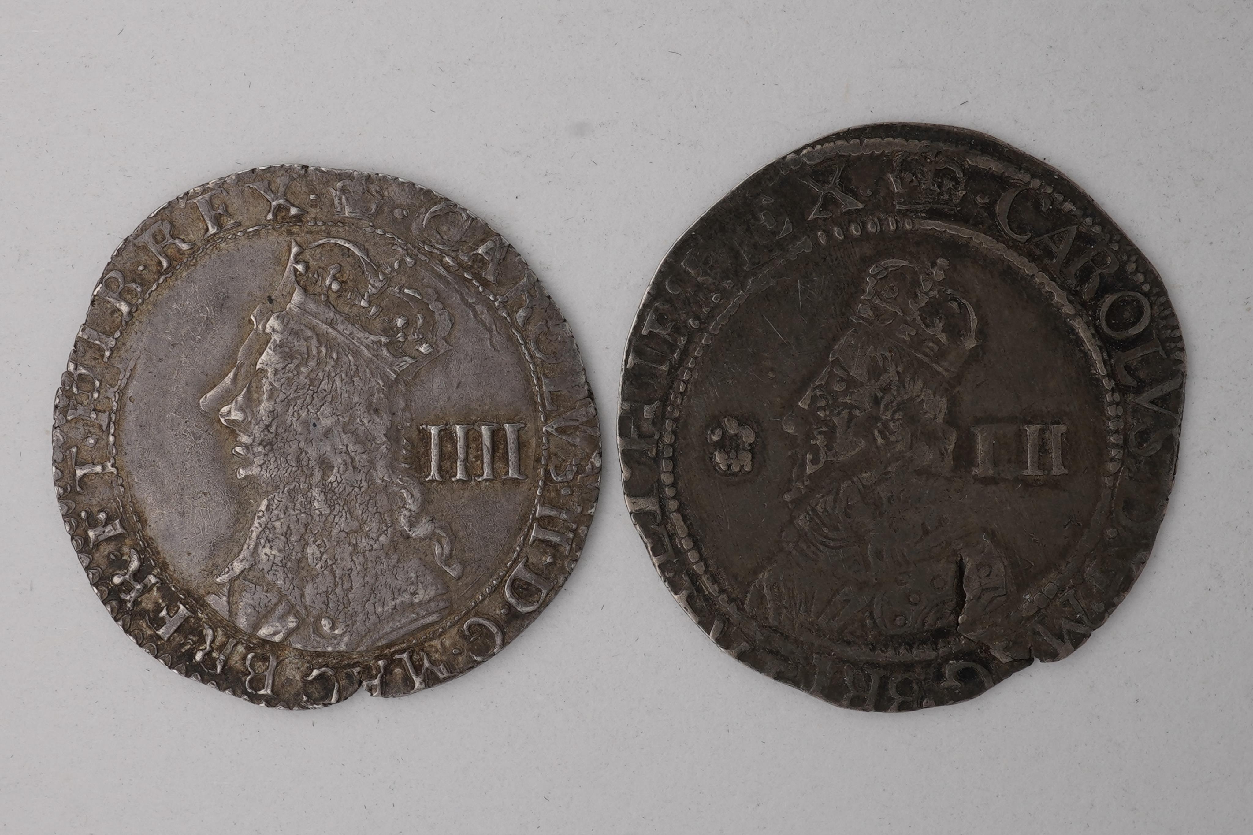 British hammered coins, Charles II (1660-1685), silver groat, mm. Crown, S. 3324, portrait double struck, weakness to shield otherwise VF, Similar threepence, S. 3325, crack at 3 o’clock position otherwise about VF